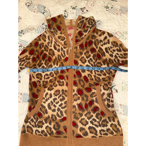VINTAGE DESIGNER ANIMAL PRINT LEOPARD CASHMERE HOODIE CARDIGAN SWEATER - Picture 3 of 5